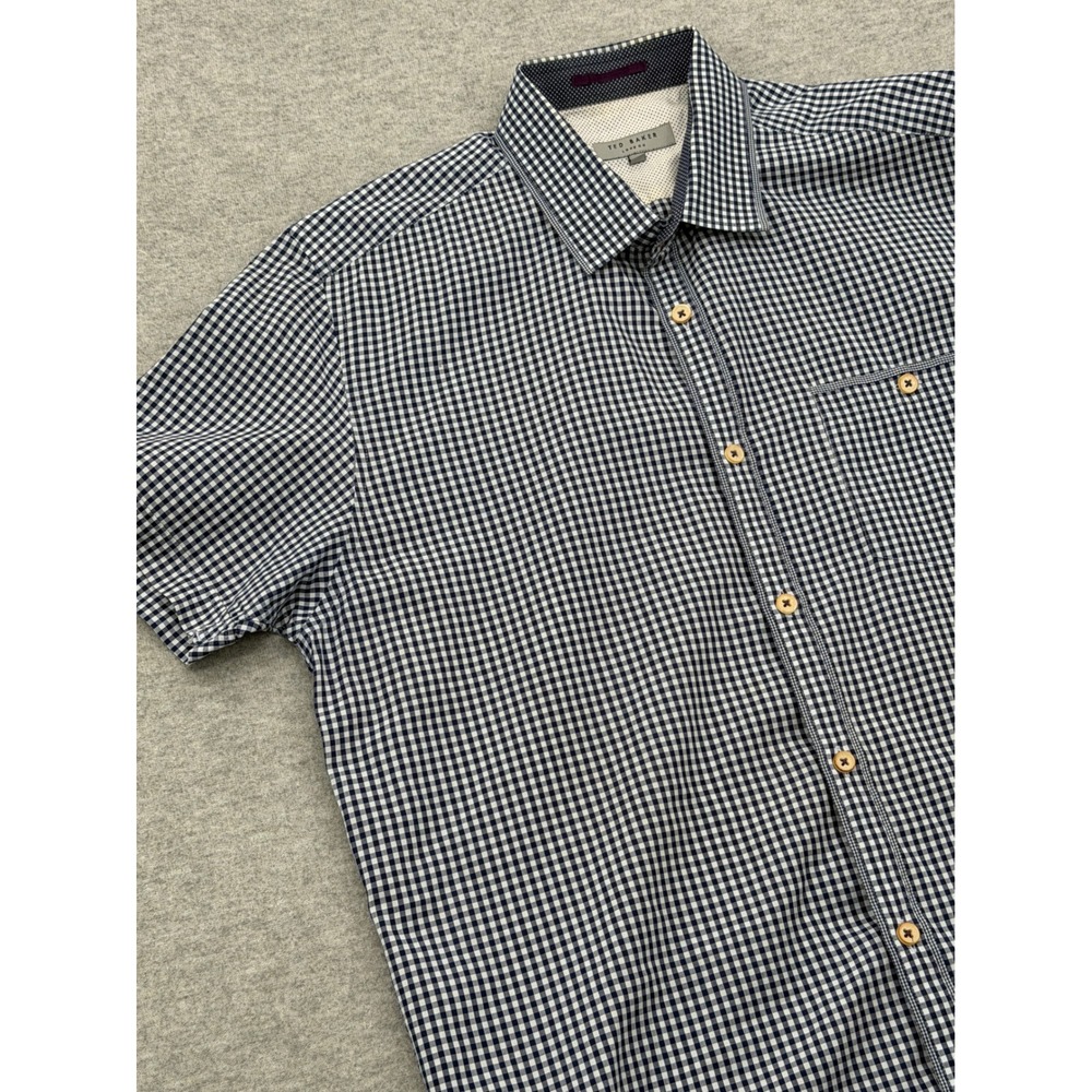 Ted Baker London Yobrem Gingham Short Sleeve Button Up Shirt Mens 4 L Navy Blue